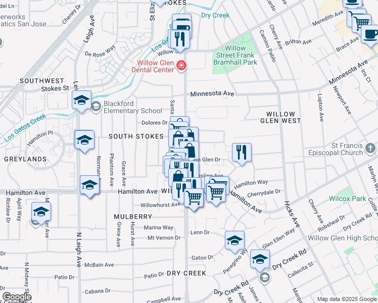 map of restaurants, bars, coffee shops, grocery stores, and more near 1607 Meridian Avenue in San Jose