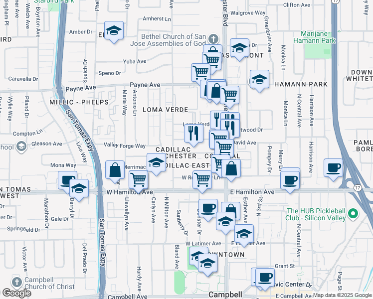 map of restaurants, bars, coffee shops, grocery stores, and more near 3208 Williamsburg Drive in San Jose
