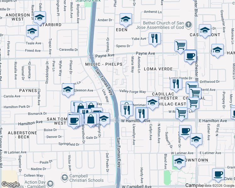 map of restaurants, bars, coffee shops, grocery stores, and more near 573 Valley Forge Way in Campbell