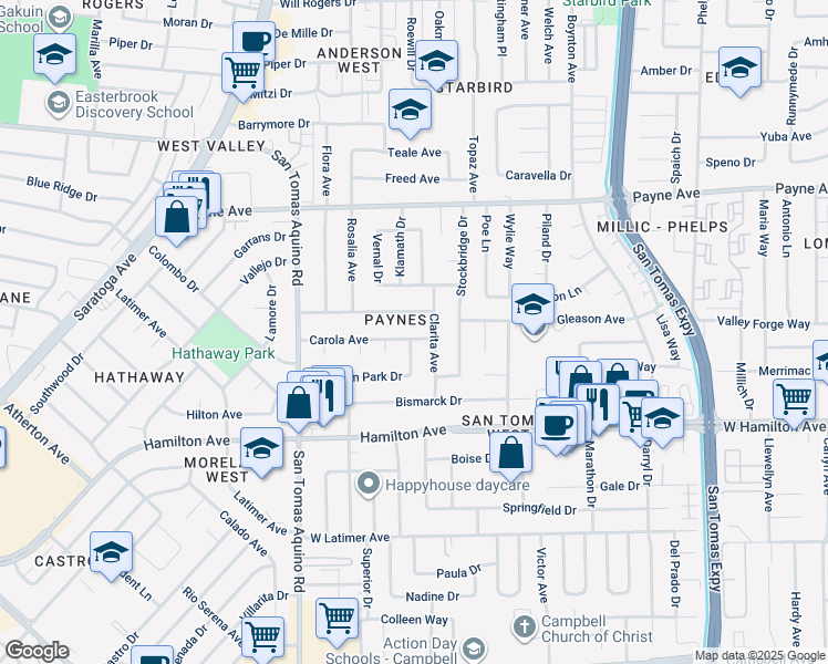map of restaurants, bars, coffee shops, grocery stores, and more near 4034 Moreland Way in San Jose