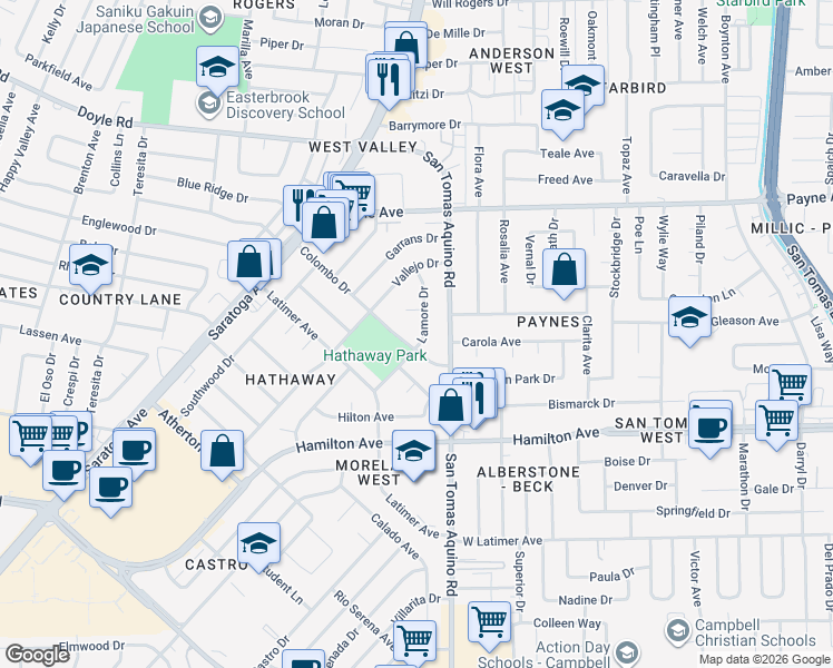map of restaurants, bars, coffee shops, grocery stores, and more near 4328 Bayne Place in San Jose