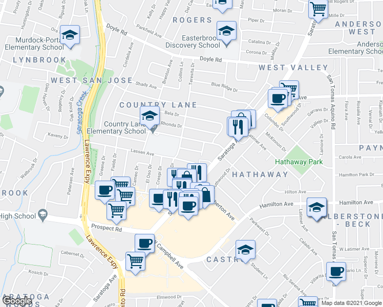 map of restaurants, bars, coffee shops, grocery stores, and more near 4967 Augusta Way in San Jose