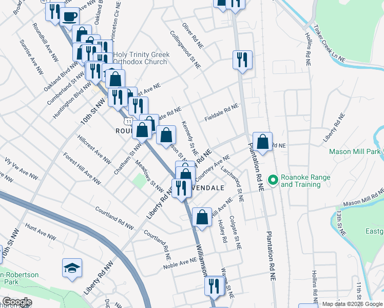 map of restaurants, bars, coffee shops, grocery stores, and more near 2701 Kennedy Street Northeast in Roanoke