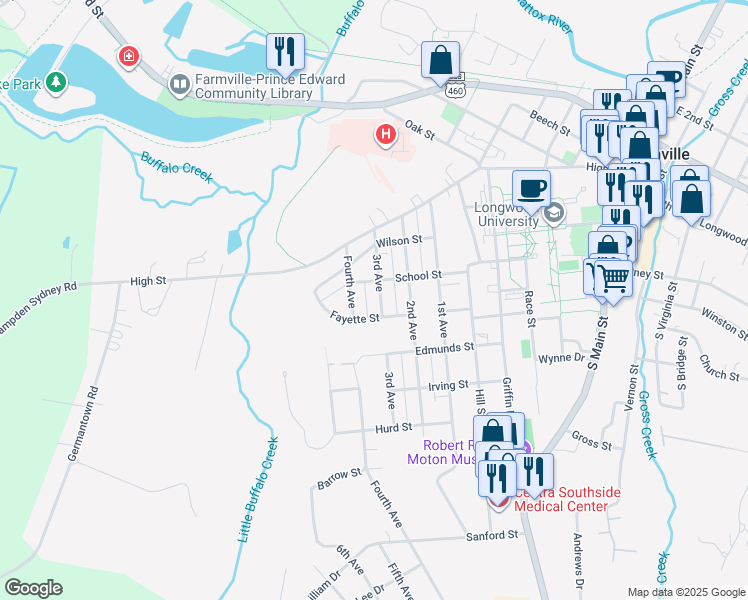 map of restaurants, bars, coffee shops, grocery stores, and more near 909 School Street in Farmville