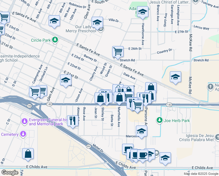 map of restaurants, bars, coffee shops, grocery stores, and more near 1443 East 21st Street in Merced