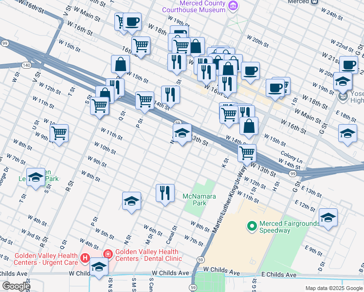 map of restaurants, bars, coffee shops, grocery stores, and more near 632 West 13th Street in Merced