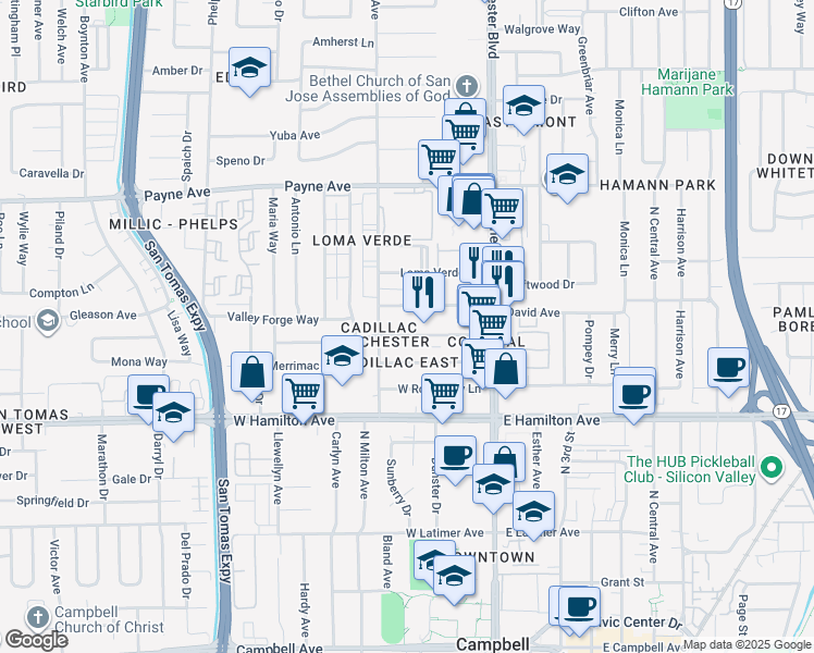 map of restaurants, bars, coffee shops, grocery stores, and more near 3208 Williamsburg Drive in San Jose