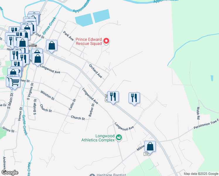 map of restaurants, bars, coffee shops, grocery stores, and more near 213 Woodrow Avenue in Farmville