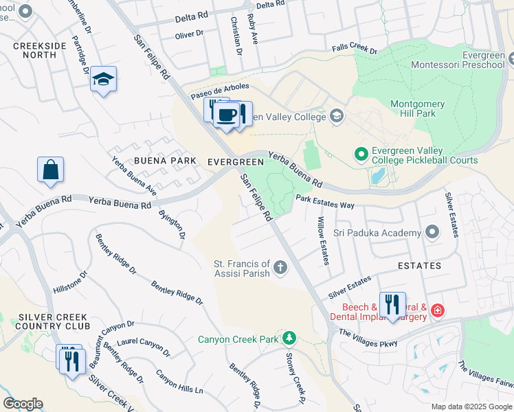 map of restaurants, bars, coffee shops, grocery stores, and more near 2723 Valley Oak Loop in San Jose
