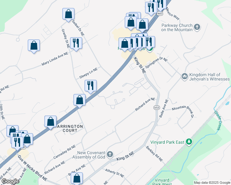 map of restaurants, bars, coffee shops, grocery stores, and more near 3019 Ashwood Circle Northeast in Roanoke
