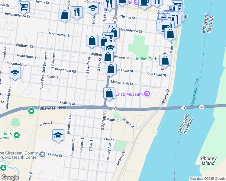 map of restaurants, bars, coffee shops, grocery stores, and more near 620 Jefferson Avenue in Cape Girardeau