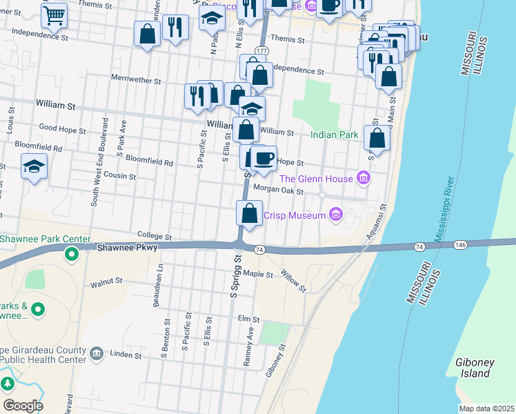 map of restaurants, bars, coffee shops, grocery stores, and more near 616 Jefferson Avenue in Cape Girardeau