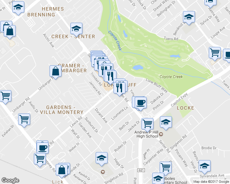 map of restaurants, bars, coffee shops, grocery stores, and more near 2905 Senter Rd in San Jose