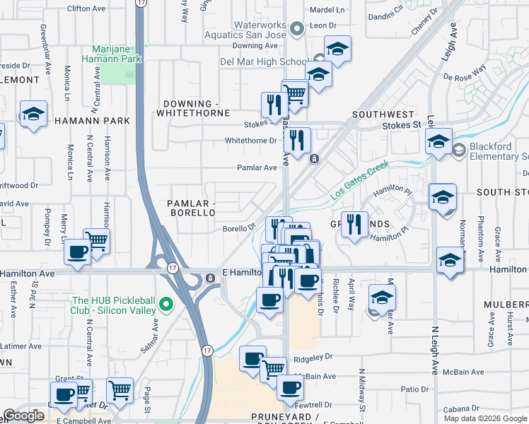 map of restaurants, bars, coffee shops, grocery stores, and more near 32 Quail Hollow Drive in San Jose