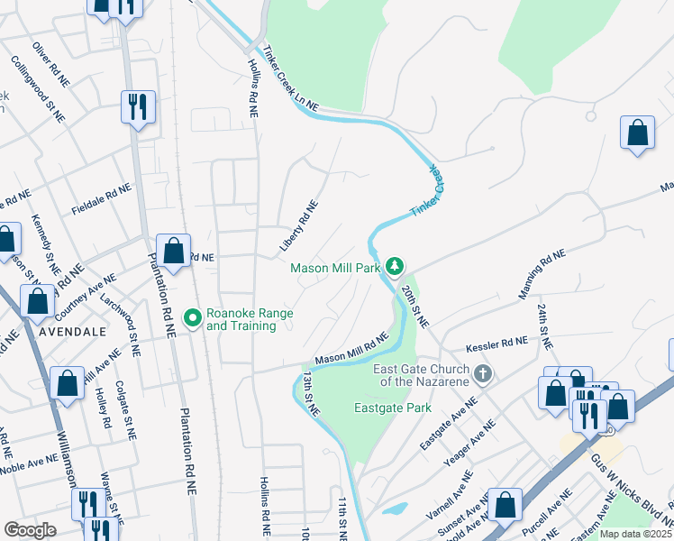 map of restaurants, bars, coffee shops, grocery stores, and more near 2603 Shull Road Northeast in Roanoke