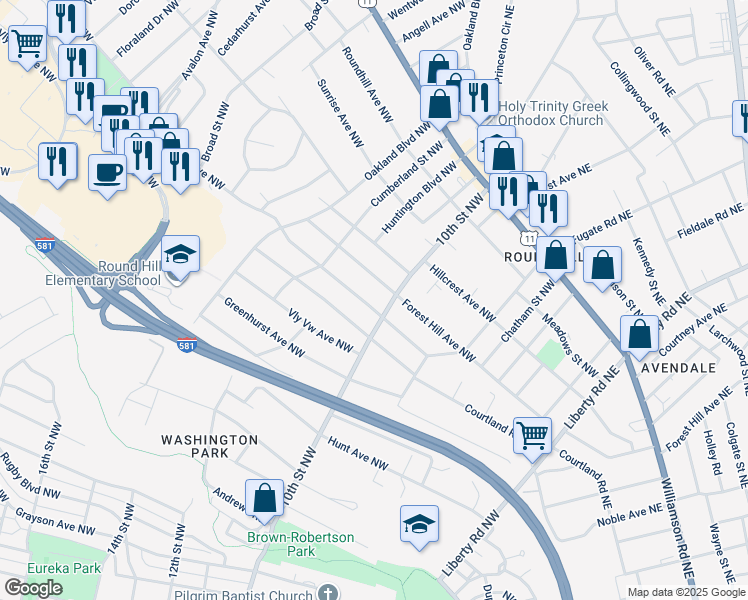 map of restaurants, bars, coffee shops, grocery stores, and more near 3315 Greenland Avenue Northwest in Roanoke