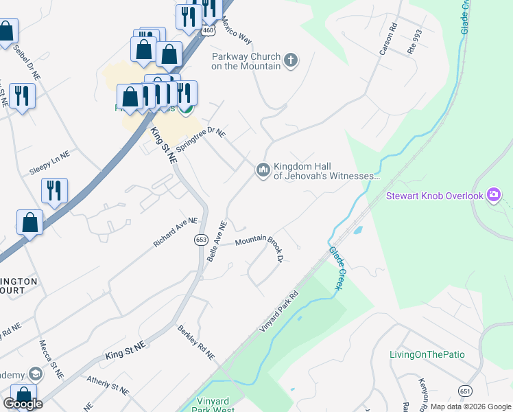 map of restaurants, bars, coffee shops, grocery stores, and more near 3463 Belle Avenue Northeast in Roanoke