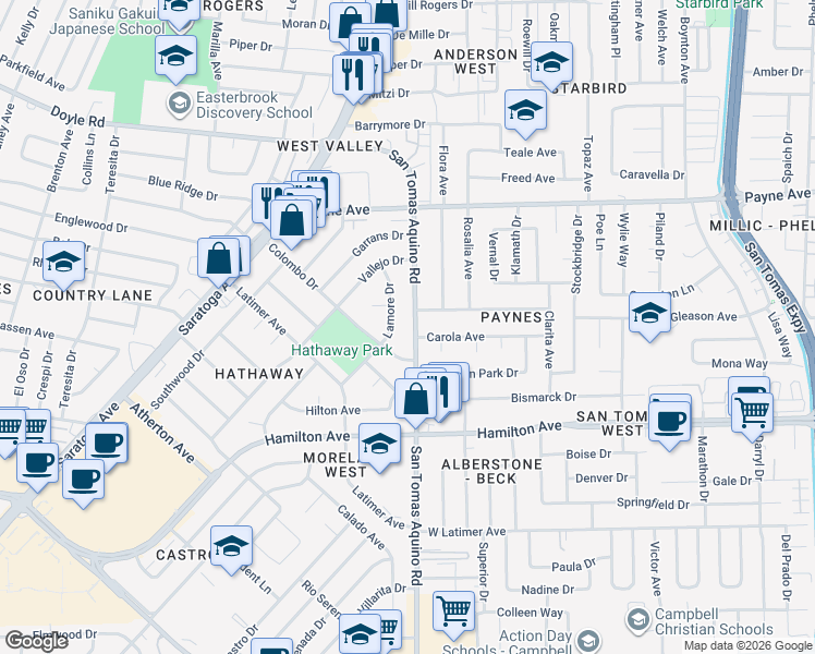 map of restaurants, bars, coffee shops, grocery stores, and more near 1441 San Tomas Aquino Road in San Jose