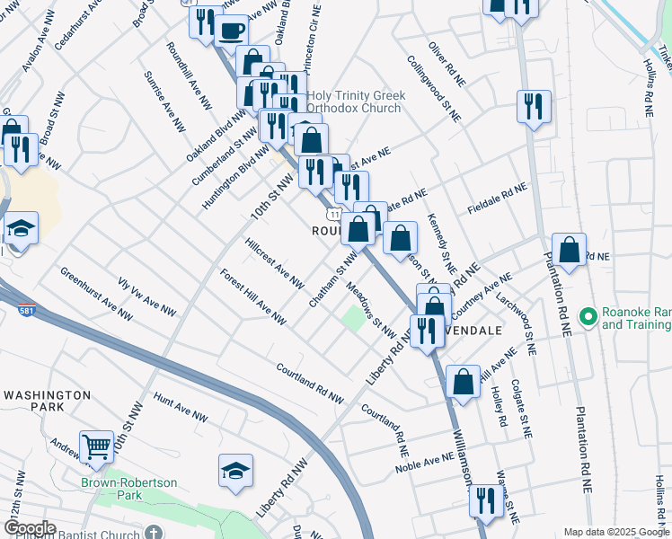 map of restaurants, bars, coffee shops, grocery stores, and more near 2704 Chatham Street Northwest in Roanoke