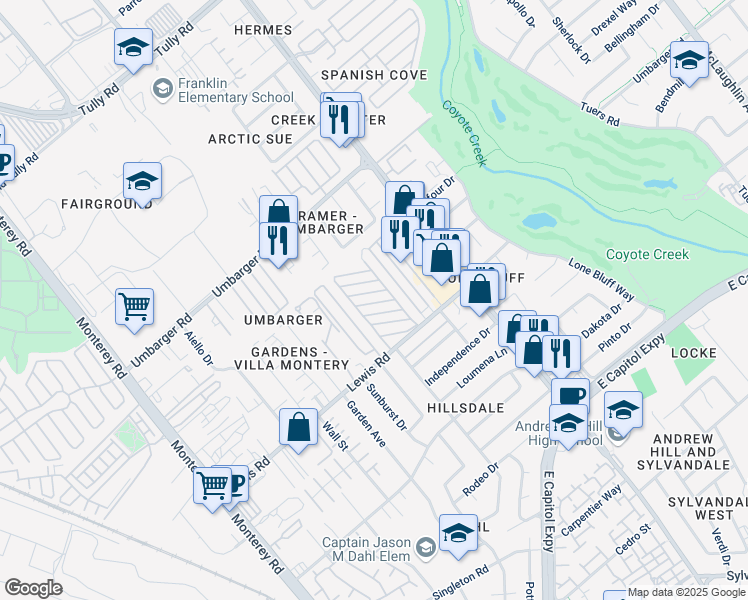map of restaurants, bars, coffee shops, grocery stores, and more near 411 Lewis Road in San Jose
