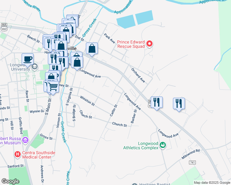 map of restaurants, bars, coffee shops, grocery stores, and more near 605 Walnut Street in Farmville