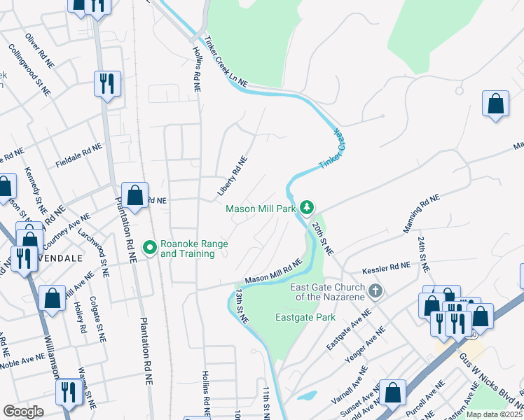 map of restaurants, bars, coffee shops, grocery stores, and more near 2603 Shull Road Northeast in Roanoke
