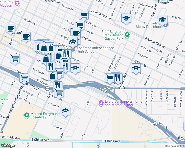 map of restaurants, bars, coffee shops, grocery stores, and more near 1740 D Street in Merced