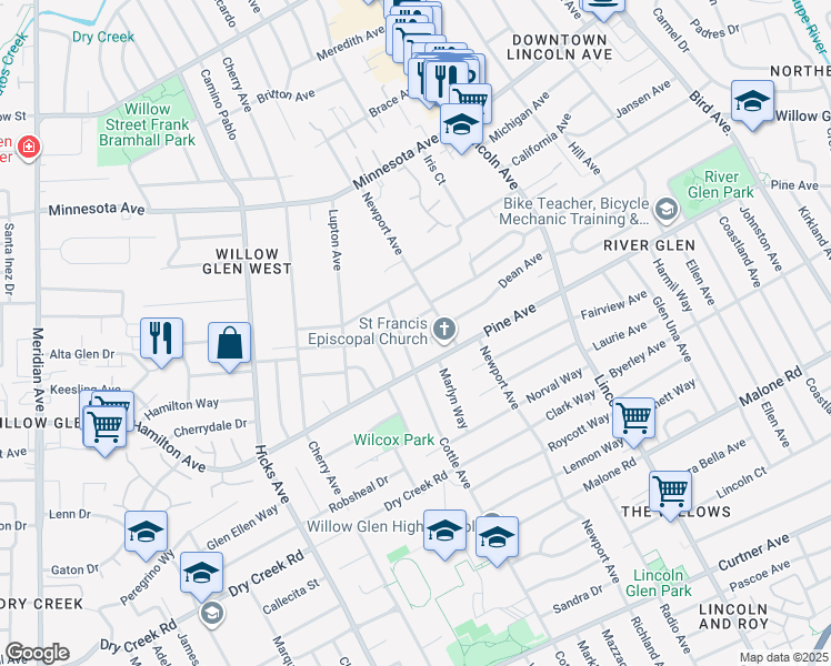 map of restaurants, bars, coffee shops, grocery stores, and more near 1236 Mildred Avenue in San Jose