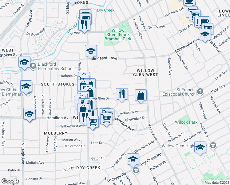 map of restaurants, bars, coffee shops, grocery stores, and more near 1506 Legacy Way in San Jose