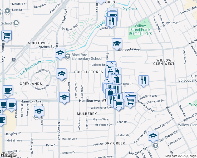 map of restaurants, bars, coffee shops, grocery stores, and more near 1516 San Ardo Drive in San Jose