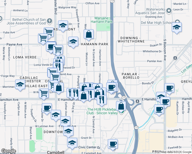 map of restaurants, bars, coffee shops, grocery stores, and more near 712 Harrison Avenue in Campbell