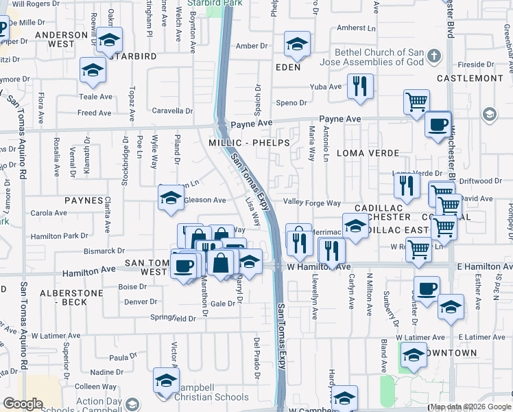 map of restaurants, bars, coffee shops, grocery stores, and more near 634 Lisa Way in Campbell
