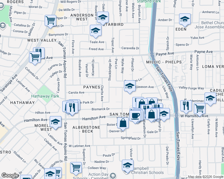 map of restaurants, bars, coffee shops, grocery stores, and more near 3859 Gleason Avenue in San Jose