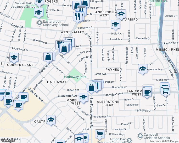 map of restaurants, bars, coffee shops, grocery stores, and more near 1441 San Tomas Aquino Road in San Jose