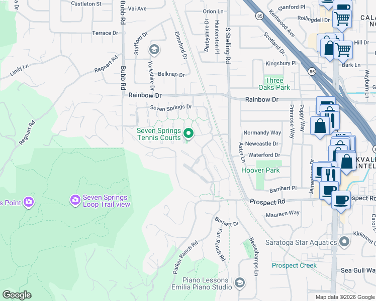 map of restaurants, bars, coffee shops, grocery stores, and more near 11764 Ridge Creek Court in Cupertino