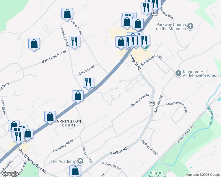 map of restaurants, bars, coffee shops, grocery stores, and more near 3019 Ashwood Circle Northeast in Roanoke