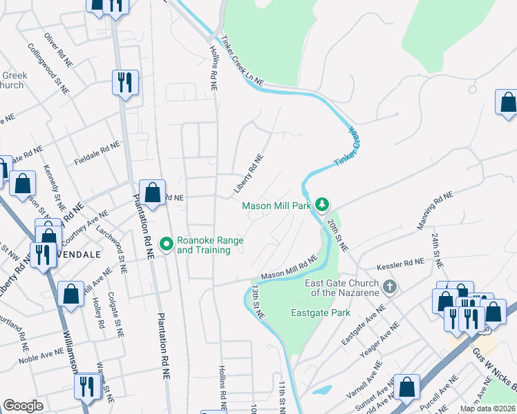 map of restaurants, bars, coffee shops, grocery stores, and more near 2540 Radford Road Northeast in Roanoke
