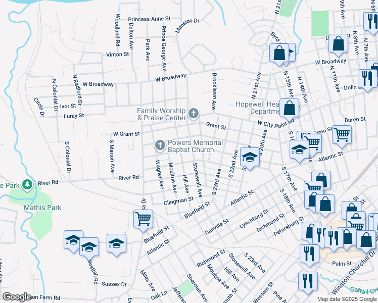 map of restaurants, bars, coffee shops, grocery stores, and more near 2604 Jackson Street in Hopewell