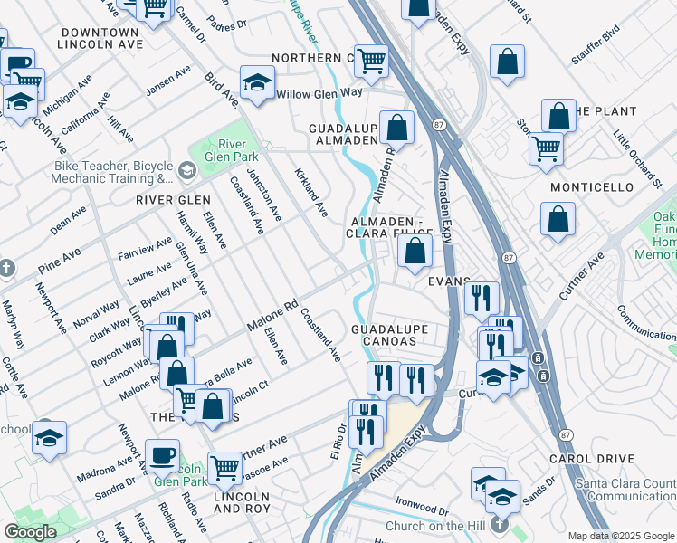 map of restaurants, bars, coffee shops, grocery stores, and more near 814 Creek Drive in San Jose