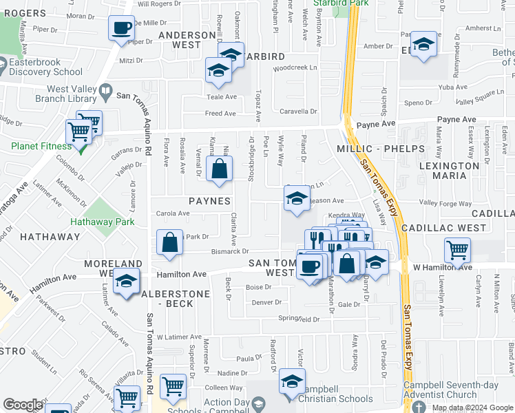 map of restaurants, bars, coffee shops, grocery stores, and more near 3876 Gleason Avenue in San Jose