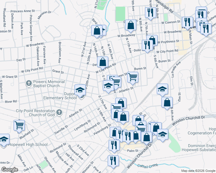 map of restaurants, bars, coffee shops, grocery stores, and more near 213 South 16th Avenue in Hopewell