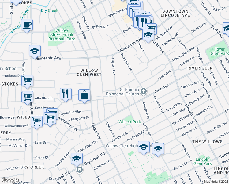 map of restaurants, bars, coffee shops, grocery stores, and more near 1306 Glenwood Avenue in San Jose