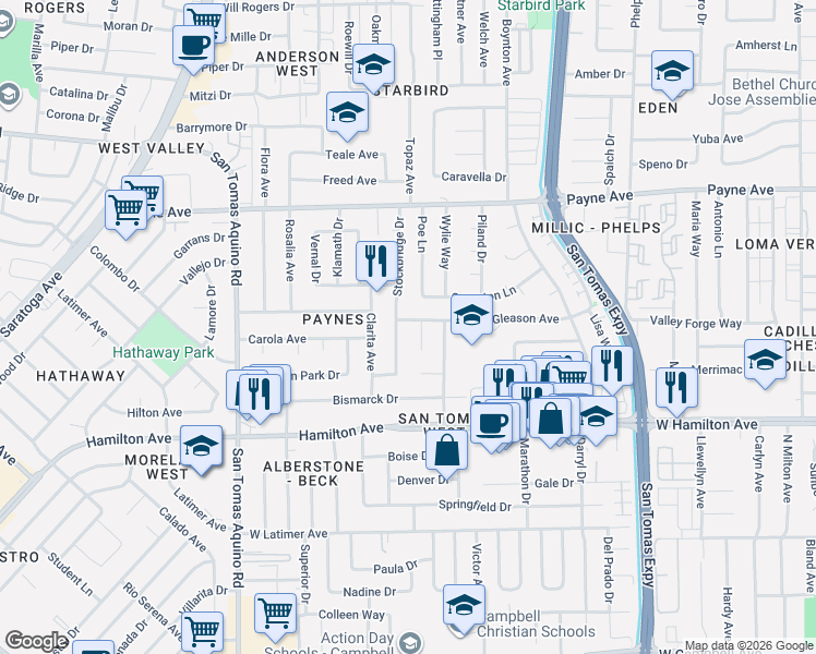 map of restaurants, bars, coffee shops, grocery stores, and more near 3876 Gleason Avenue in San Jose
