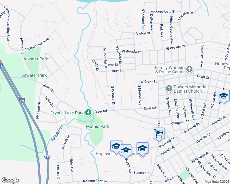 map of restaurants, bars, coffee shops, grocery stores, and more near 107 South Colonial Drive in Hopewell