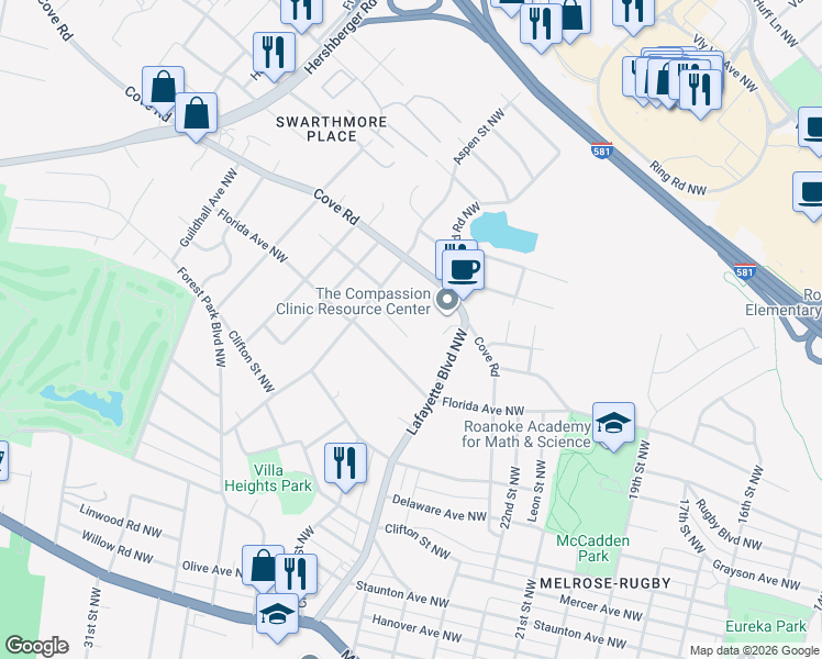 map of restaurants, bars, coffee shops, grocery stores, and more near 2711 Mountainaire Ave NW in Roanoke