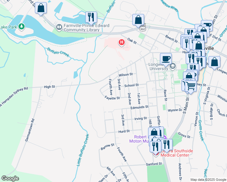 map of restaurants, bars, coffee shops, grocery stores, and more near 404 Fourth Avenue in Farmville