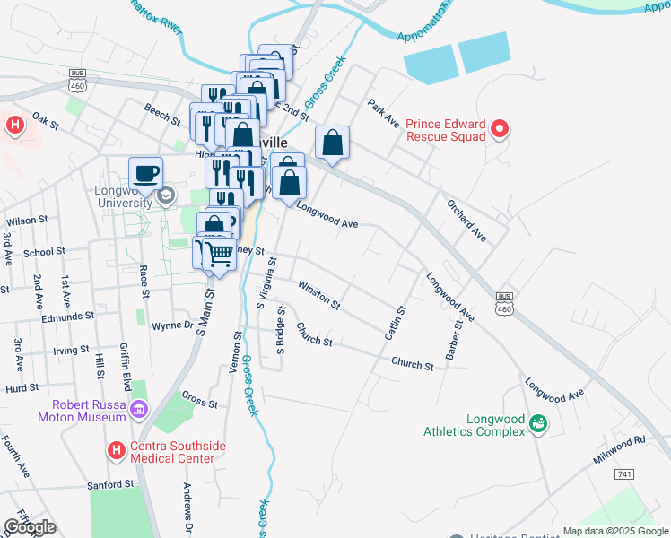 map of restaurants, bars, coffee shops, grocery stores, and more near 416 Putney Street in Farmville