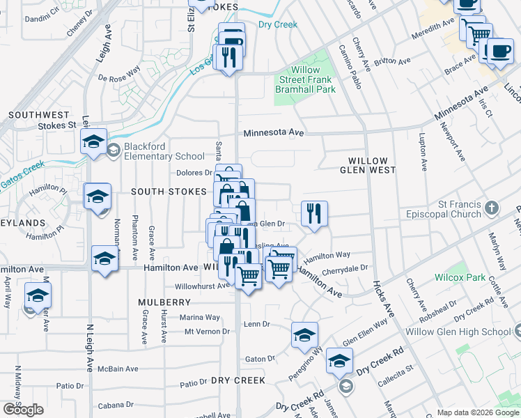 map of restaurants, bars, coffee shops, grocery stores, and more near 1586 Willowbrae Avenue in San Jose