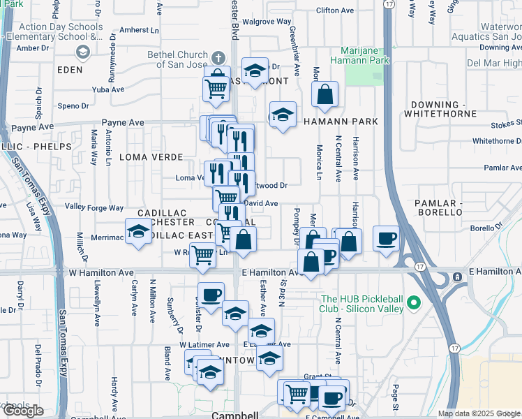 map of restaurants, bars, coffee shops, grocery stores, and more near 3054 David Avenue in San Jose