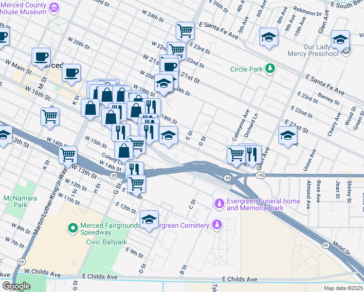 map of restaurants, bars, coffee shops, grocery stores, and more near 150 East Main Street in Merced